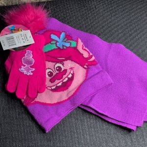 Winter Cold Set. Poppy Trolls, Gloves, Scarf And Hat